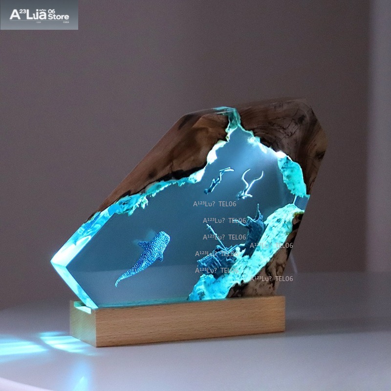 Resin Art Ocean - Ahşap Reçine Gece Lambası Okyanus Sanatı
