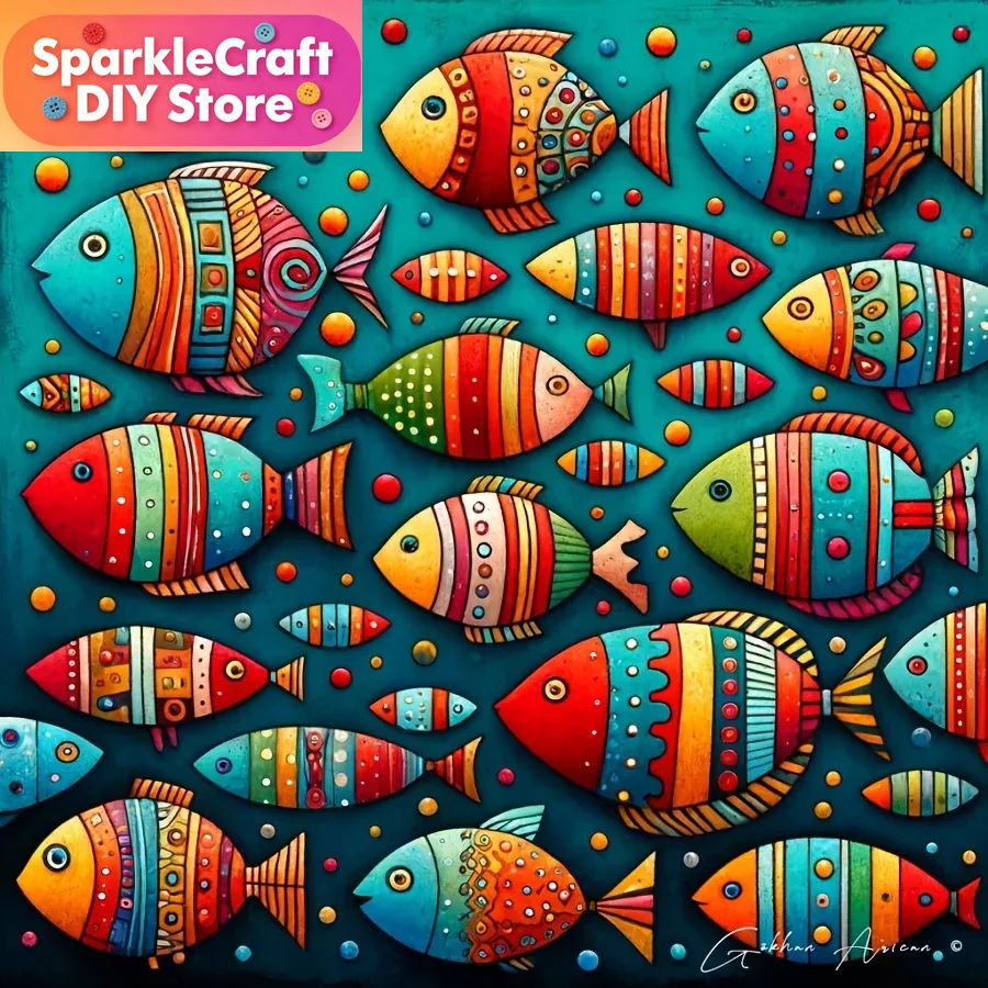 Resin Art Wall Decor - Renkli Kaprisli Balık Sürüsü 5D Elmas